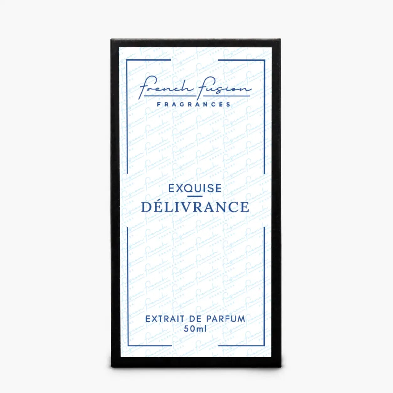 Boîte du parfum Exquise Délivrance 50 ml French Fusion Fragrances, extrait de parfum avec packaging Noir blanc et bleu.