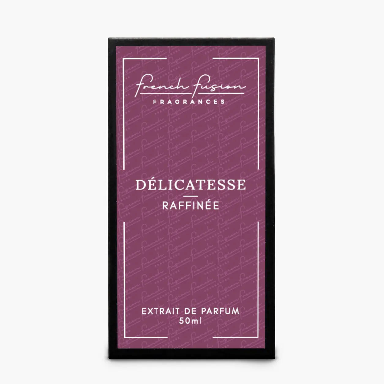 Boîte du parfum Délicatesse Raffinée 50 ml French Fusion Fragrances, extrait de parfum avec packaging violet et noir