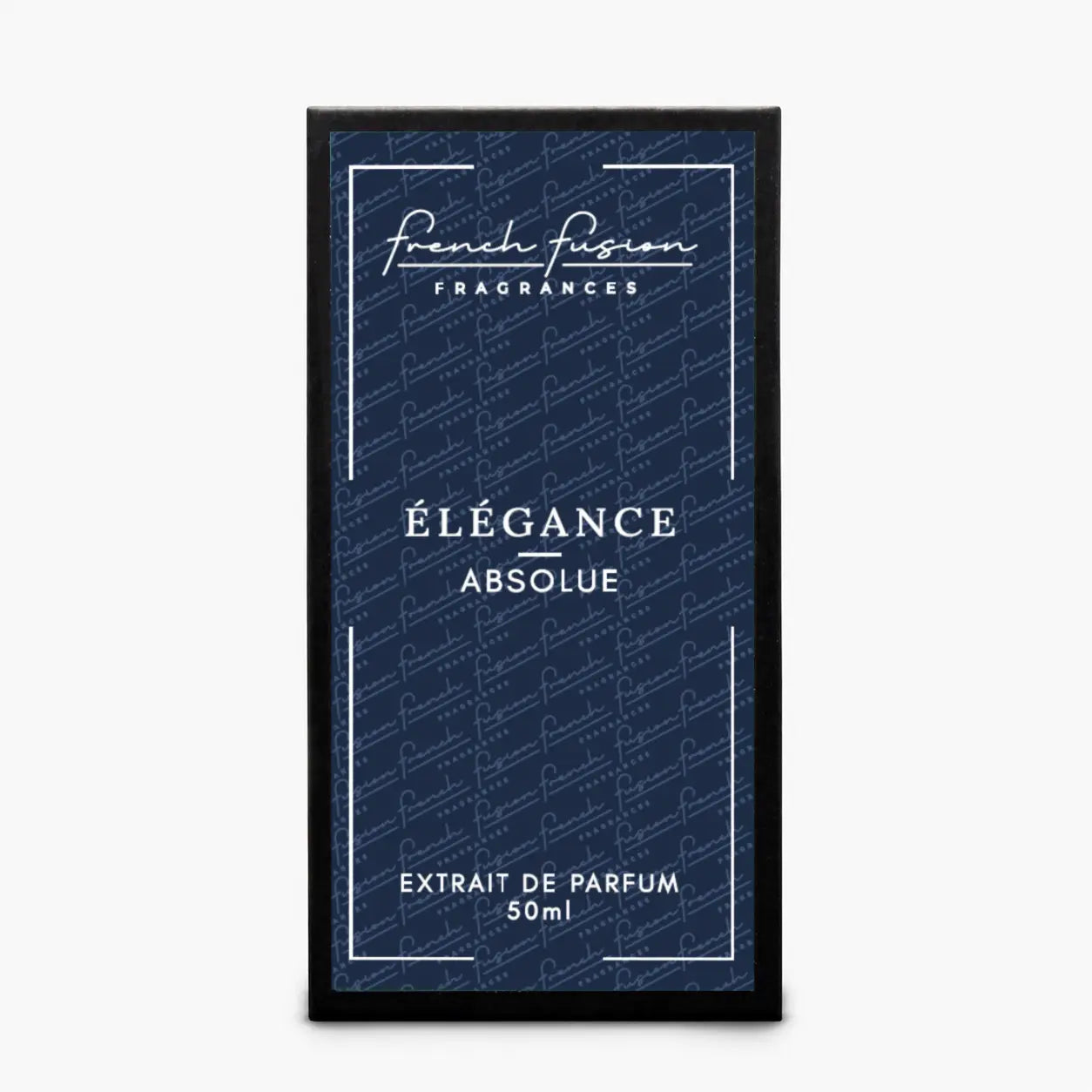 Boîte du parfum Élégance Absolue 50 ml French Fusion Fragrances, extrait de parfum avec packaging bleu foncé et noir