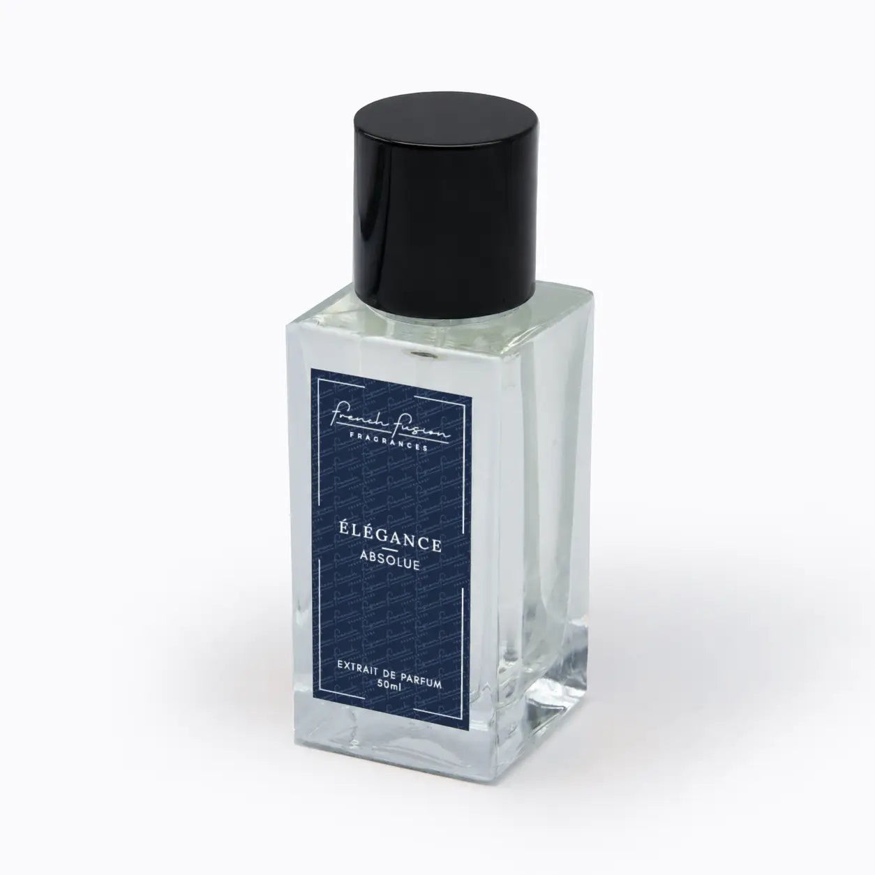Flacon du parfum Élégance Absolue 50 ml French Fusion Fragrances, extrait de parfum vu de trois quarts avec étiquette bleu foncé