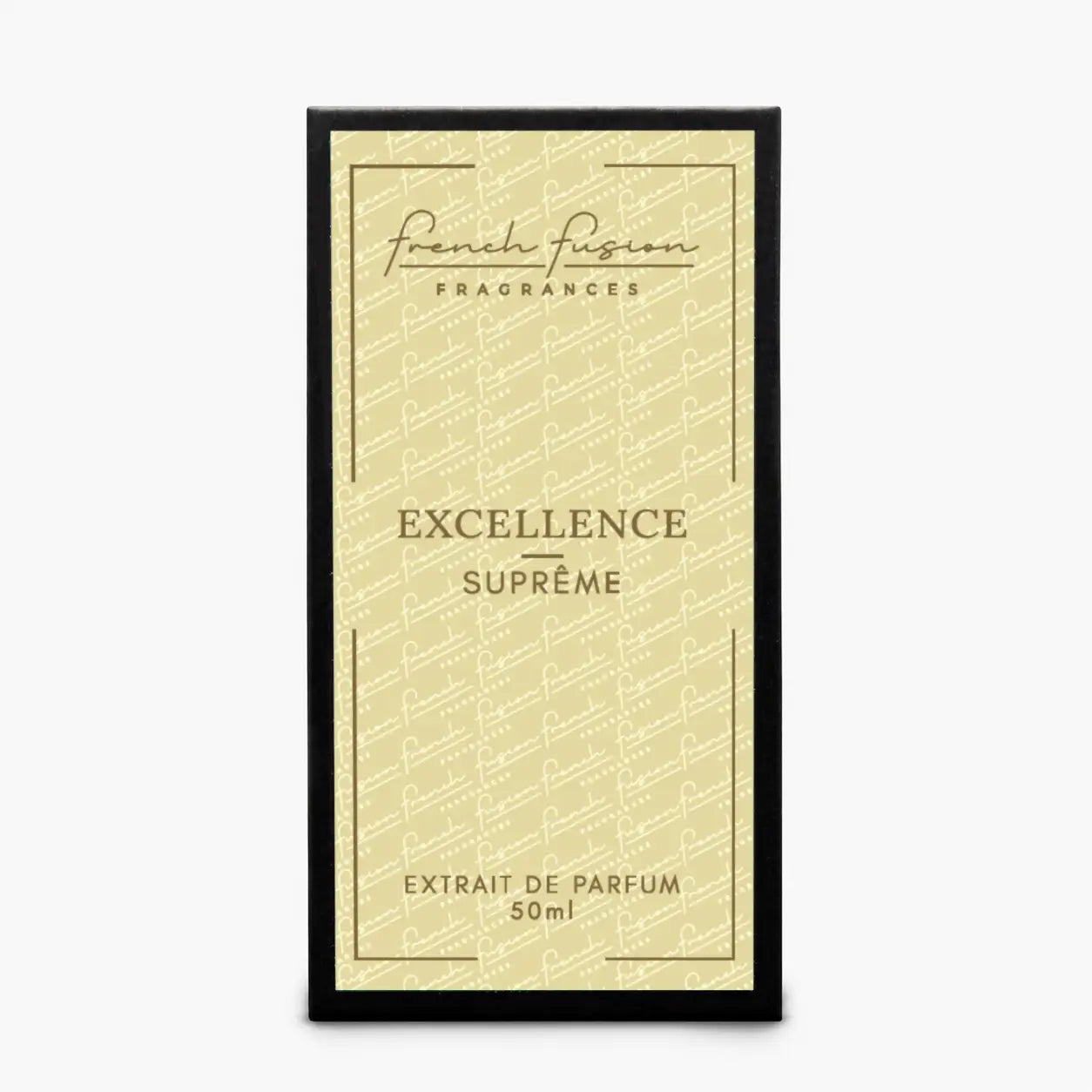 Boîte du parfum Excellence Suprême 50 ml French Fusion Fragrances, extrait de parfum avec packaging doré et noir