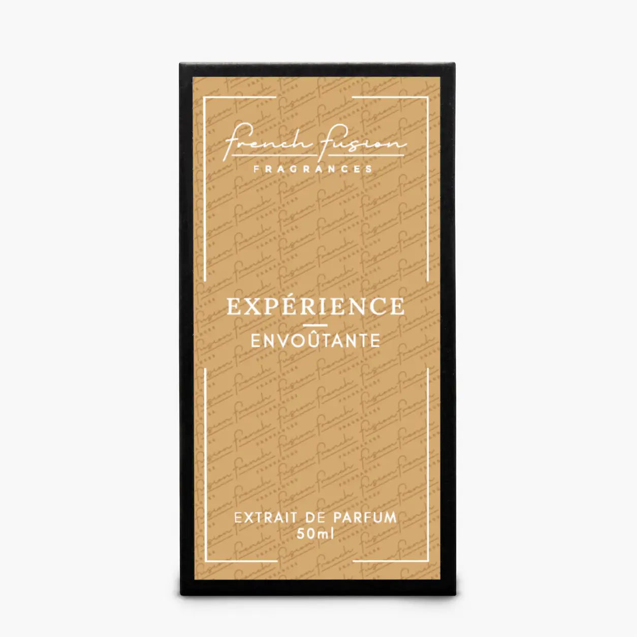 Boîte du parfum Expérience Envoûtante 50 ml French Fusion Fragrances, extrait de parfum avec packaging beige doré et noir
