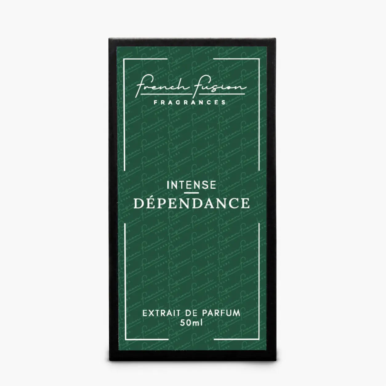 Boîte du parfum Intense Dépendance 50 ml French Fusion Fragrances, extrait de parfum avec packaging vert et noir