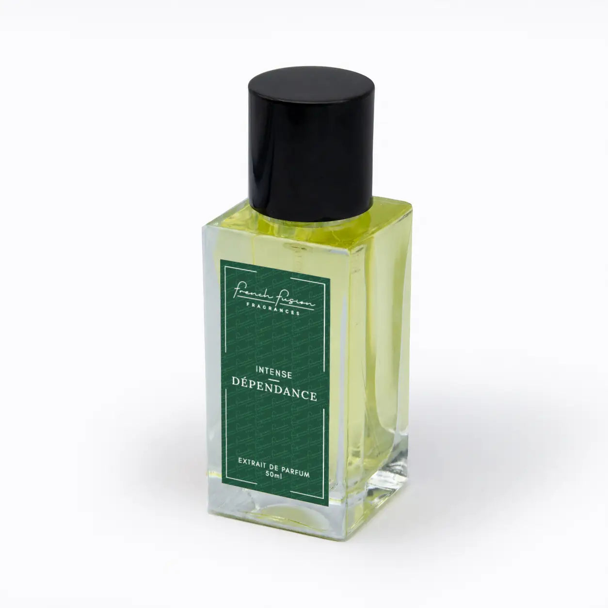 Flacon du parfum Intense Dépendance 50 ml French Fusion Fragrances, extrait de parfum vu de trois quarts avec étiquette verte
