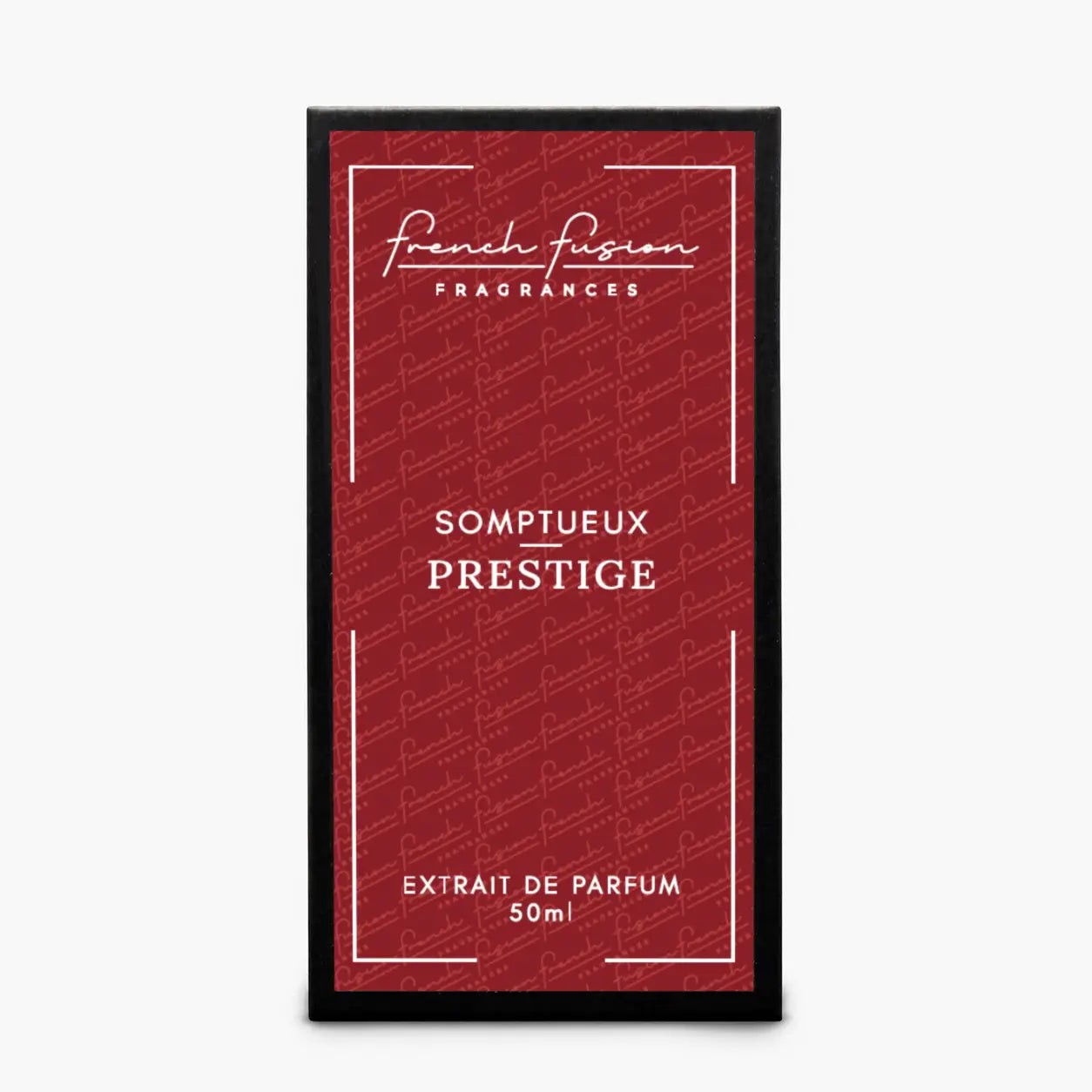 Boîte du parfum Somptueux Prestige 50 ml French Fusion Fragrances, extrait de parfum avec packaging rouge et noir
